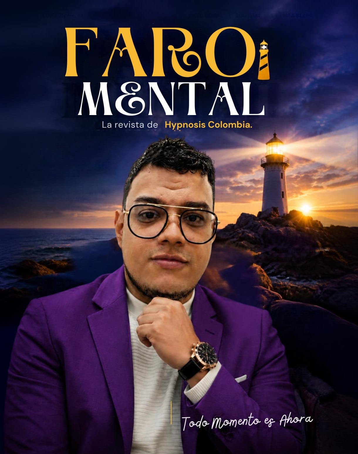 Portada de Faro Mental N.º 1: José Ariel Lasso Rojas frente a un faro al atardecer